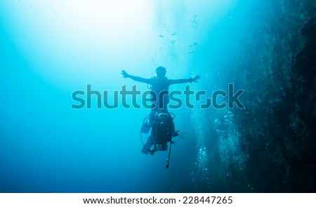 Scuba diving under the hot spring, hot water make vision blurry in Coron area, Palawan, Philippines.