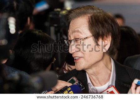January 24 2015, Taipei Taiwan - Chairman of ASUS, Johnny Shih in ASUS year end party. Interview with journalists.