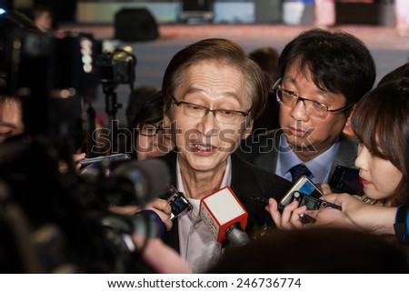 January 24 2015, Taipei Taiwan - Chairman of ASUS, Johnny Shih in ASUS year end party. Interview with journalists.