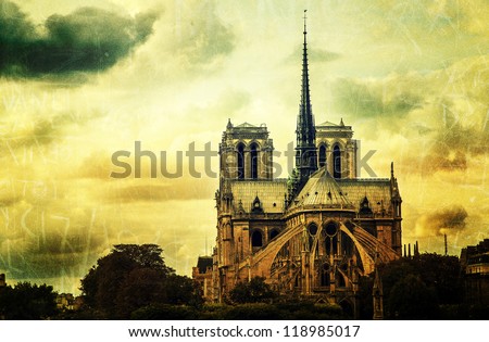 Grunge view of Notre Dame cathedral in Paris