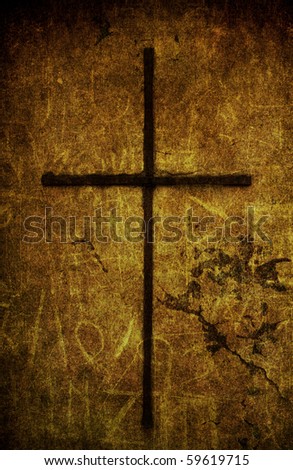 A cracked yellow grunge wall with metal cross