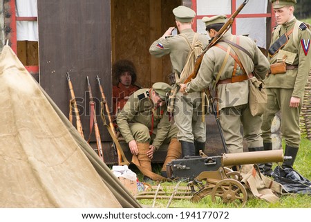 RUSSIA, CHERNOGOLOVKA - MAY 17: Unidentified men in military uniform on History reenactment of battle of Civil War in 1914-1919 on May 17, 2014, Chernogolovka city, Ivanovskoe villlage, Russia