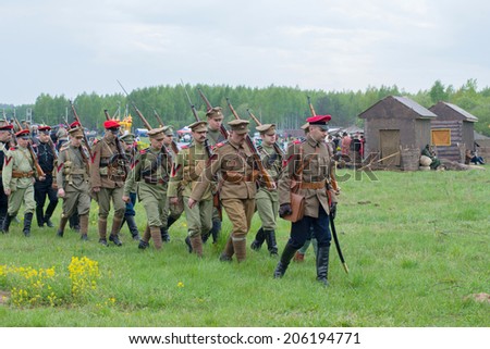RUSSIA, CHERNOGOLOVKA - MAY 17: Kornilovs hiking squad passing by on History reenactment of battle of Civil War in 1914-1919 on May 17, 2014, Russia