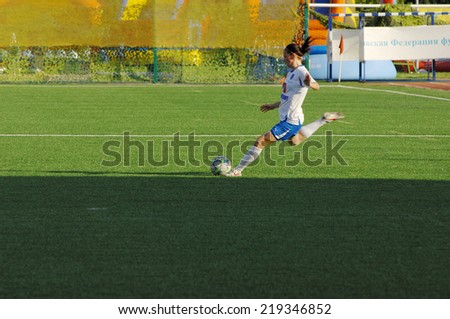 MOSCOW - AUGUST 18: Korovkina Nelli (6) start attack on game Kubanochka vs CSP Izmailovo on Russian tournament of women football league on August 18, 2013, in Moscow, Russia