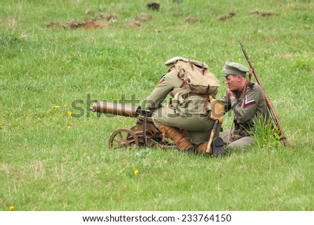RUSSIA, CHERNOGOLOVKA - MAY 17: Unidentified soldiers shooting on History reenactment of battle of Civil War in 1914-1919 on May 17, 2014, Russia