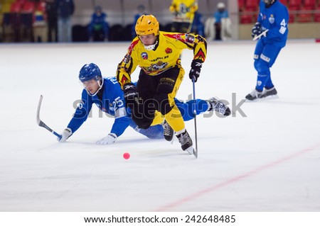 MOSCOW - DECEMBER 12, 2014: Flying Granovsky Vasily (25) fall down during the Russian  bandy league game Dynamo Moscow vs SKA Neftyanik in sport palace Krilatskoe, Moscow, Russia. Dynamo won 9:1