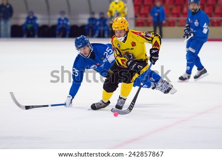 MOSCOW - DECEMBER 12, 2014: Flying Granovsky Vasily (25) fall down during the Russian  bandy league game Dynamo Moscow vs SKA Neftyanik in sport palace Krilatskoe, Moscow, Russia. Dynamo won 9:1