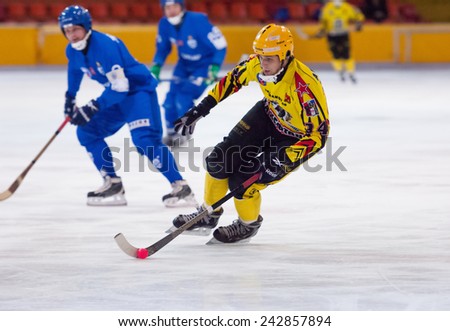 MOSCOW - DECEMBER 12, 2014: Antipov A. (24) in action during the Russian  bandy league game Dynamo Moscow vs SKA Neftyanik in sport palace Krilatskoe, Moscow, Russia. Dynamo won 9:1