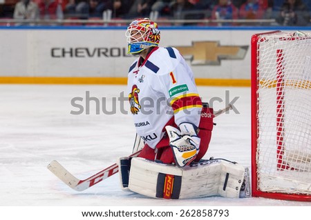 MOSCOW - MARCH 12: H. Karlsson (1) on hockey game Yokerit vs CSKA on Russia KHL championship on March 12, 2015, in Moscow, Russia. CSKA won 3:2