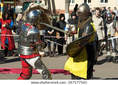 RUSSIA, MOSCOW - MARCH 14: Unidentified Knights fights on medieval tournament during history reenactment of the Medieval maneuvers in Moscow, 14 March, 2015, Russia