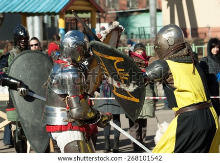 RUSSIA, MOSCOW - MARCH 14: Unidentified knights on medieval tournament on history reenactment of the Medieval maneuvers in Moscow, 14 March, 2015, Russia