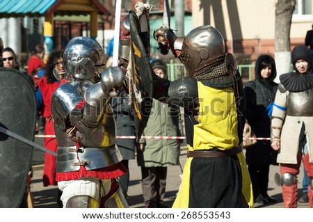 RUSSIA, MOSCOW - MARCH 14: Unidentified knights on  tournament on history reenactment of the Medieval maneuvers in Moscow, 14 March, 2015, Russia