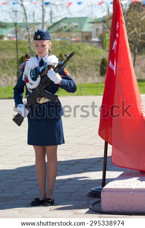 RUSSIA, ROSTOV CITY - MAY 9: Unidentified guard of honor stand near the monument on Victory day parade dedicated 70 anniversary of WWII end on May 9, 2015, Rostov the Great city, Russia