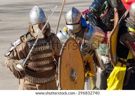 RUSSIA, MOSCOW - MARCH 14: Unidentified knights ready to fight on  tournament on history reenactment of the Medieval maneuvers in Moscow, 14 March, 2015, Russia