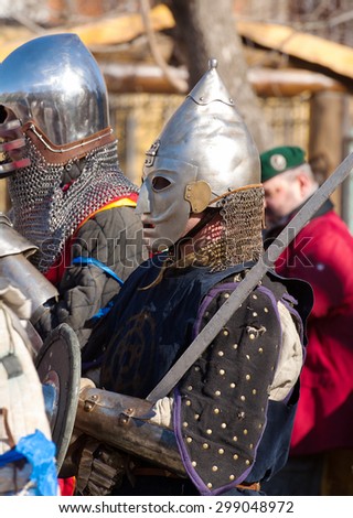 RUSSIA, MOSCOW - MARCH 14: Unidentified knight on tournament on history reenactment of the Medieval maneuvers in Moscow, 14 March, 2015, Russia