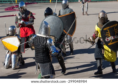 RUSSIA, MOSCOW - MARCH 14: Unidentified knights fights on  tournament on history reenactment of the Medieval maneuvers in Moscow, 14 March, 2015, Russia