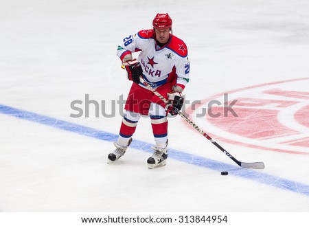 RUSSIA, MOSCOW - APRIL 27, 2015: Oleg Shargorodsky (28) in action on hockey game CSKA vs SKA teams on Hockey Cup of Legends in Ice Palace VTB, Moscow, Russia