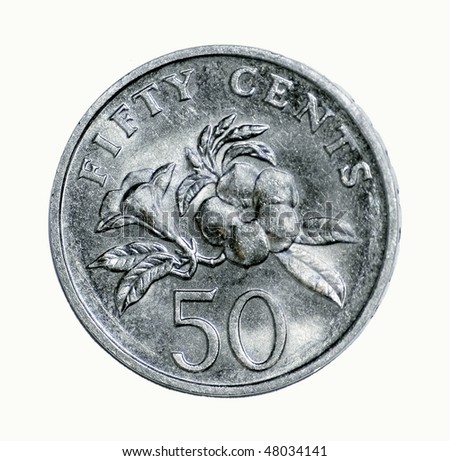 Singapore Coin Picture on Fifty Cents  Bank Of Singapore  Coin On A White Background Stock Photo