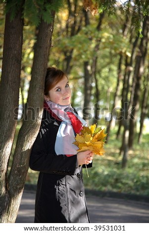 The girl costs at a tree and holds leaves