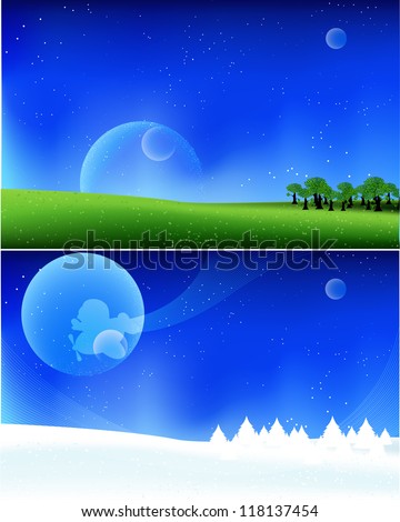 Nature in two seasons - winter and summer. Vector.