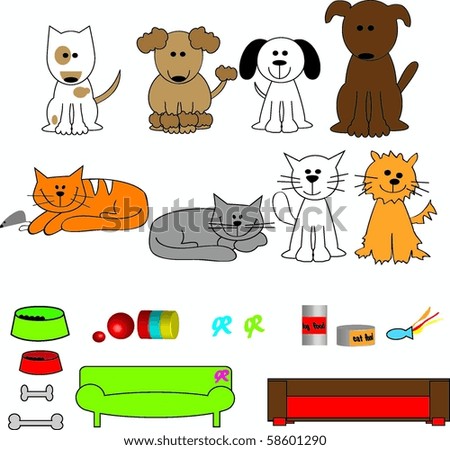 stock vector : Cute cartoon dogs and cats with beds and toys