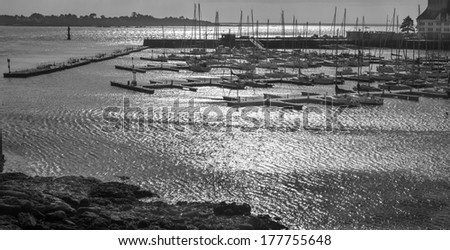 The rhythm of a small private harbor in France. Shot to the sun, converted to black and white
