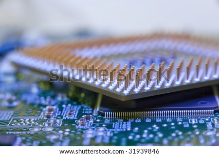 macro view of cpu pins and circuit mother board