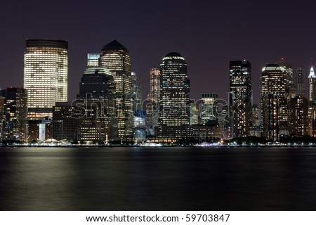 Skyscrapers of Downtown NY City night shot over Hudson river(view from Jersey City)