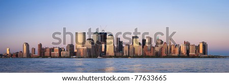 May 2011. Manhattan, lower New York financial offices(downtown) over Hudson river panorama from Jersey city. One World Trade Center building under construction