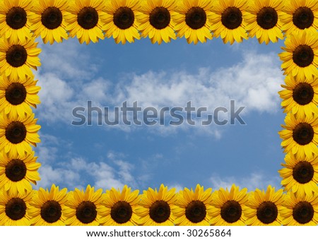 sunflower frame on background of sky with clouds
