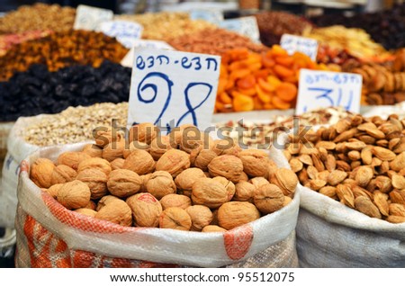 almonds in big bag and dry fruits on the market in Jerusalem, Israel