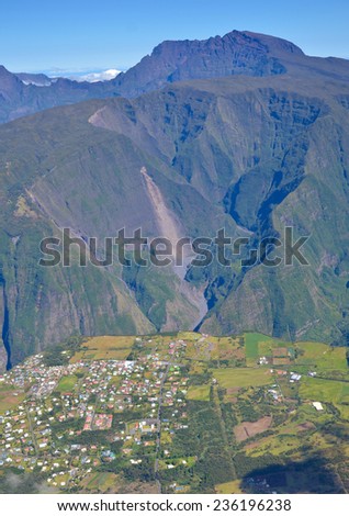 Village in Mafate Reunion Island near canyon overlooking Piton Des Neiges Mountain