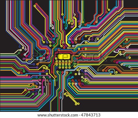 Colorful circuit diagram on black background