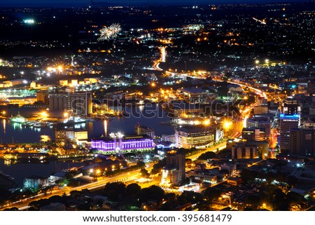 Aerial view of Port-Louis capital of Mauritius at night