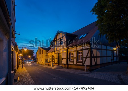 Traditional house street night, Ustka seaside town on Baltic Sea, Poland