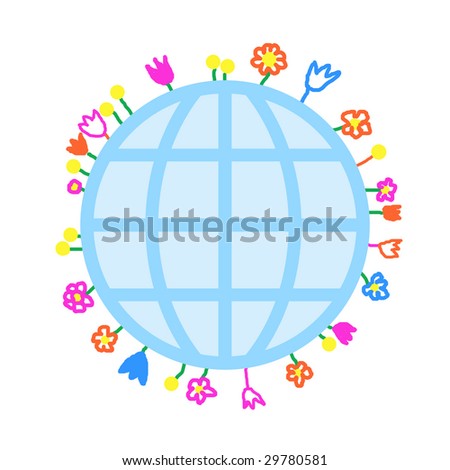 globe with flowers on white background, drawing