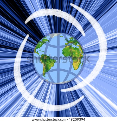 earth globe, blue radial rays and white bands