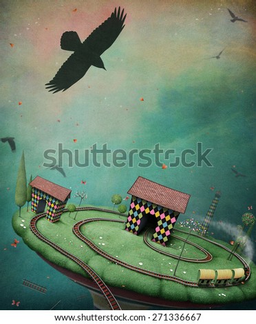 Conceptual background for poster or card with toy railroad