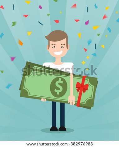 Young brunette guy really happy enjoying and holding huge gift pack of green money/dollars with both hands. Win in a lottery concept