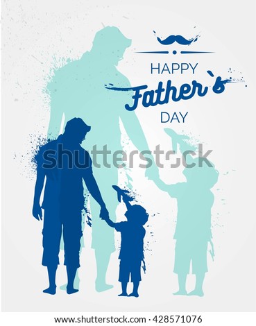 Happy Fathers Day flyer, banner or poster, silhouette of a father holding his child hand. Vector illustration