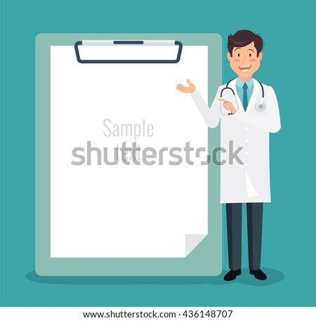 Full length of doctor pointing at empty  medical clipboard. Vector illustration