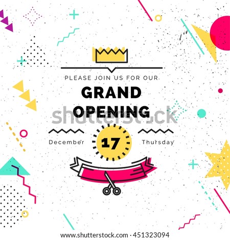 Grand opening colorful banner. Vector background in retro 80s, 90s memphis style. Scissors cutting red ribbon