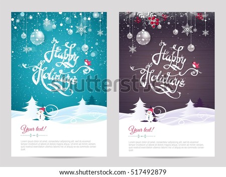 Christmas cards with calligraphy. Hand drawn design elements. Handwritten modern lettering. Happy holidays invitation posters. Vector illustration