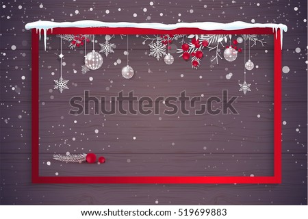 Merry christmas and Happy new year 2017 holiday background. Happy holidays banner with snowflakes, branches, pink frame and christmas decoration isolated on wooden background.  Vector illustration.