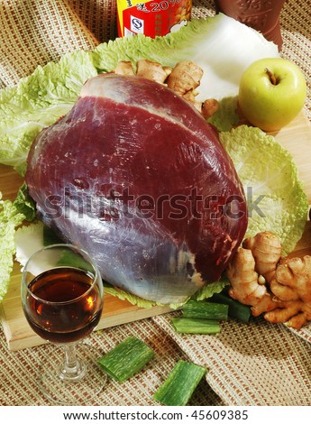 Large cut of meat with lots of food