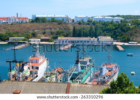 Aerial view on port of Sevastopol with ships and submarine