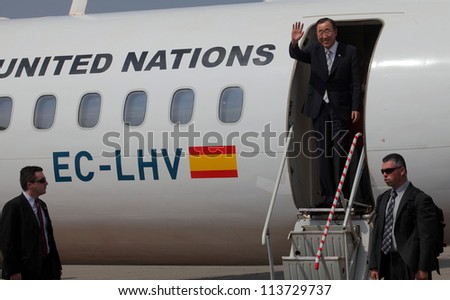 BELGRADE, SERBIA - JULY 23: Ban Ki-moon current Secretary-General of the United Nations, waving from his airplane on July 23. 2012., after landing on Serbian airport, during his visit to Serbia.
