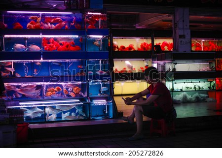 GUANGZHOU, CHINA - JUNE 24.:Woman selling fishes for aquariums on Yihe Market. Yihe Market is one of the biggest wholesale and retail markets for fish, bird and stone products in China.