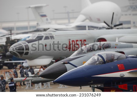 ZHUHAI, CHINA - NOV. 10. 2014:Chinese J-10a, JH-7a and H-6m airplanes on display on Airshow China 2014 in Zhuhai, Guangdong province.