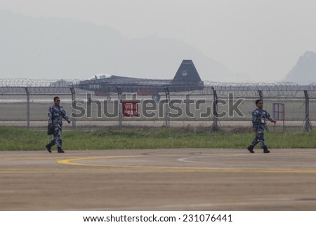 ZHUHAI, CHINA - NOV. 11. 2014:New Chinese stealth fighter jet J-31 who is presented for the first time publicly today on Airshow China 2014 flying in Zhuhai, Guangdong province.